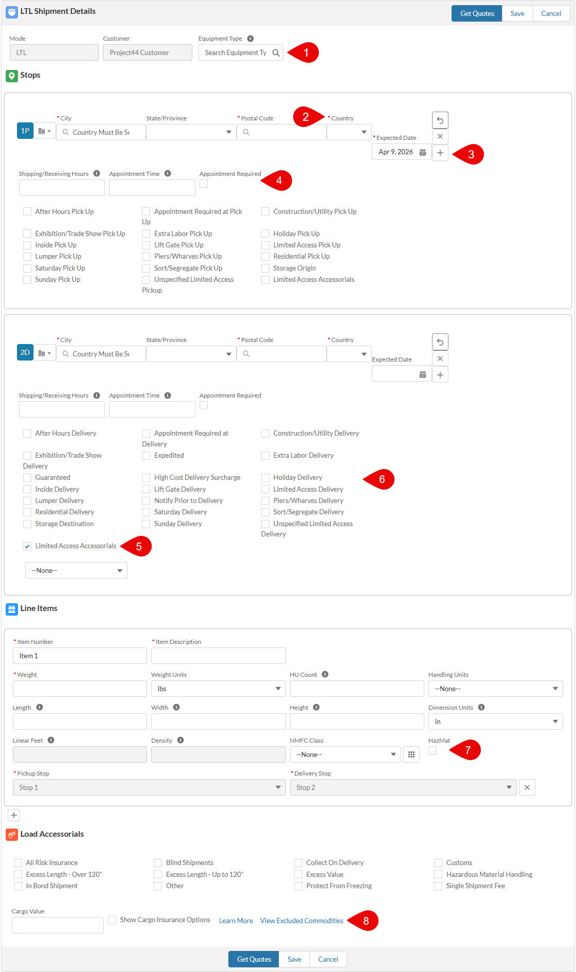 Form for LTL shipment details including stops, line items, and load accessories.